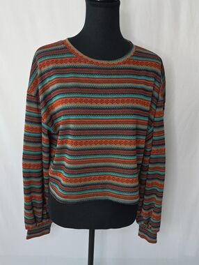 Striped Crewneck Knit Top in Teal & Rust, Size 8